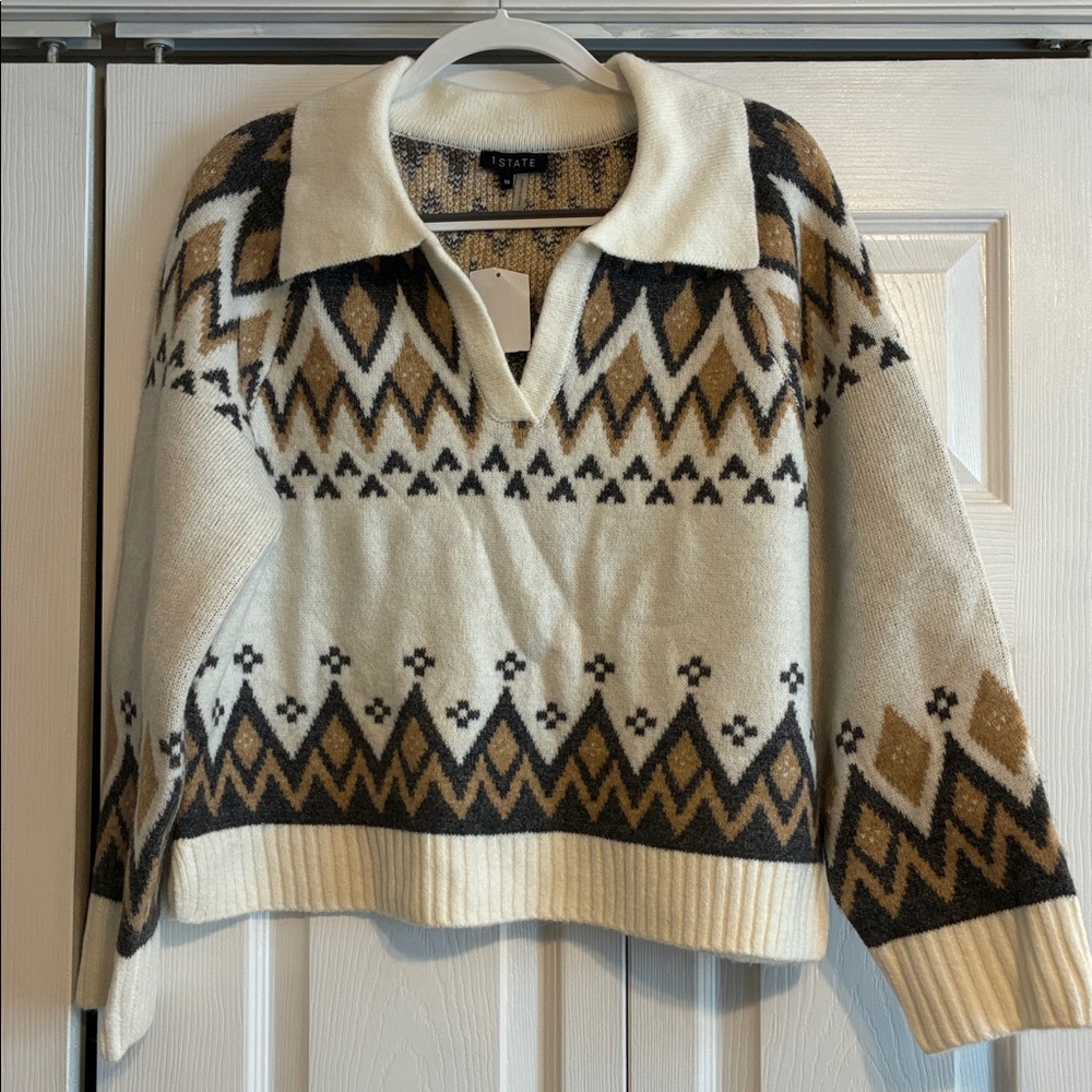 1.STATE Women's V-Neck with Collar Sweater - Neutral Tones